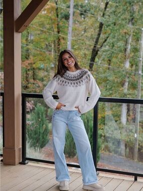 Concepts New York Ivory Fair Isle Yoke Sweater White Blue & Gray Knit Size M